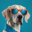A white Great Dane with blue glasses