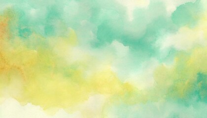 Wall Mural - Artistic light teal, vermillion and yellow watercolor background with abstract cloudy sky concept. Grunge abstract paint splash artwork illustration. Beautiful abstract misty fog cloudscape wallpaper.