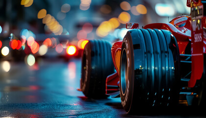 Poster - A red race car is shown in a blurry image of a city street