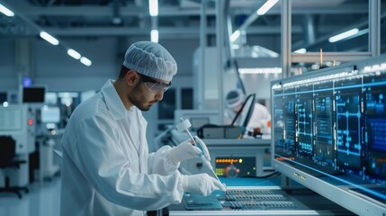 The image shows how the technician calibrates and adjusts the equipment to test new processors before they are released to the market.