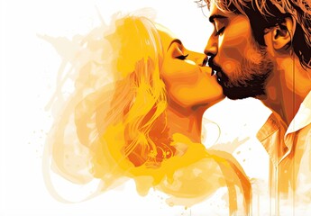 Wall Mural - Passionate kiss between charming handsome lovers. Colorfull image of loving couple. Cropped close up profile. Digital art in the style of a painted picture. Illustration for cover, card or print.