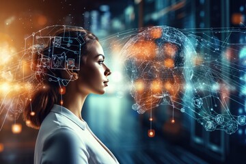 Aufkleber - Human girl talking with ai in holographic environment