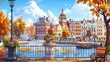 A vintage autumn street with European colonial Victorian buildings and a lake promenade. A retro style cityscape at the river shore. A vintage cityscape at the river shore. Cartoon illustration.