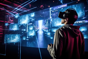 Fototapete - Person using vr and holographic world in the background, Man enjoying VR world