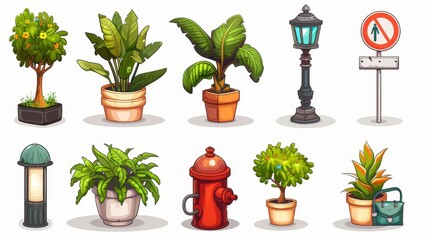 Modern icon set with cartoon city items including a tram, a water hydrant or litter bin, a mail box, a street lamp with a sign board, a pedestrian crossing a street sign, and a green plant in a