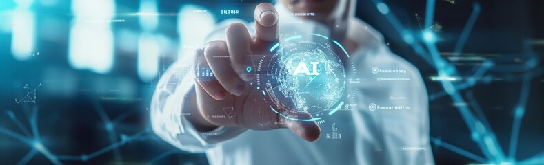 Poster - The photo shows how humans use AI artificial intelligence to analyze and process large amounts of data, which contributes to increased efficiency and productivity. Wide banner