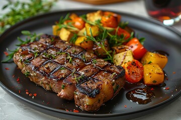 Wall Mural - A black plate with steak and vegetables, placed on an elegant white table in the style of commercial photography, next to it is a half-full glass of wine.