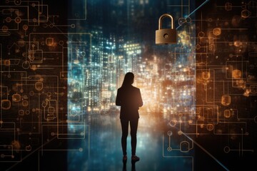 Poster - Person standing behind VR holographic background with security, Hacking security background in hologram