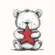 A bear stands on a white background and holds a polar star. Symbolism with animal and geometric figure. Illustration for cover, card, postcard, decor or print.