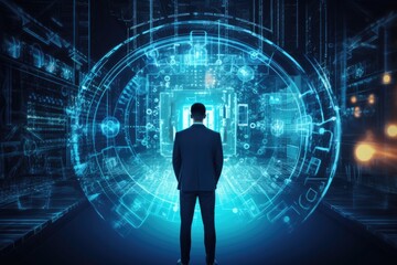 Fototapete - Person standing behind VR holographic background with security, Hacking security background in hologram