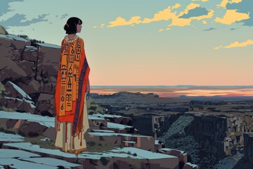 Captivating illustration of a woman in tribal dress overlooking a vast canyon at sunset, evoking themes of nature and contemplation