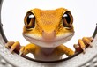 Close-up of a gecko's muzzle. The reptile is looking at something. Cute curious pet. Illustration with distorted fisheye effect. Design for cover, card, postcard, decor or print.