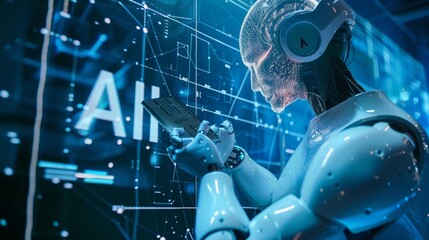 Poster - The futuristic robot is depicted in a dynamic state, ready to perform complex technological tasks with high precision. Assistant in the image of artificial intelligence AI