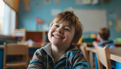 Wall Mural - A young boy is smiling and sitting in a classroom