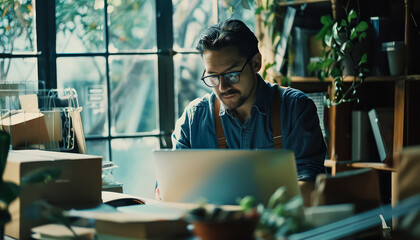 Wall Mural - A man is sitting at a desk with a laptop open in front of him