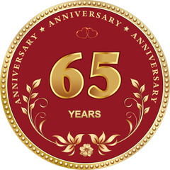 Wall Mural - 65 years anniversary. Vector golden design background for celebration, congratulation and birthday card, logo. Vector illustration