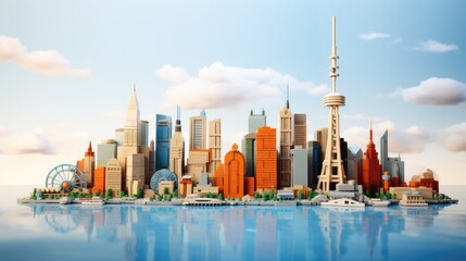 Aufkleber - City skyline photography with clean blue sky, Skyline photo with river view