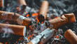 A pile of cigarette butts and smoke