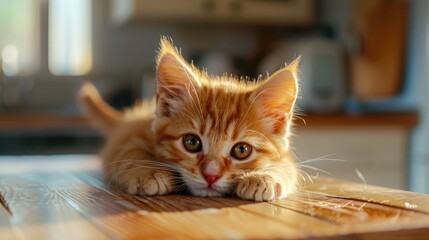 Sticker - Playful kitten with an orange hue rests on the kitchen table