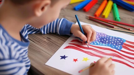 Young Child Drawing American Flag with Colorful Markers on Paper