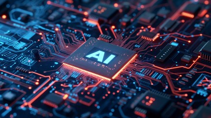 Poster - Artificial intelligence is integrated into manufacturing processes, which helps to improve efficiency and reduce electronics manufacturing costs. AI processor.