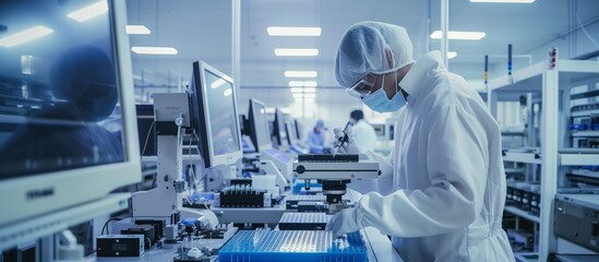 Poster - A technician monitors the chip manufacturing process in a factory, controlling every stage of production to ensure high-quality products.