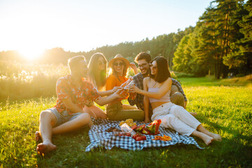 group of young people having fun while drinking beer at picnic party. friends enjoy sunny day. vacat
