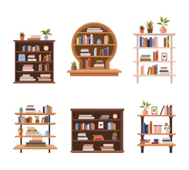 Wall Mural - Various bookcases, book cabinets, shelves with stacks of educational books, plants and objects. isolated vector flat illustrations on white background for book store, World Book Day, book fair designs