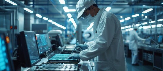 Poster - A lab technician carefully works with small parts, assembling and testing components before incorporating them into the manufacturing process. Chip & Semiconductor Factory