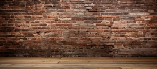 Wall Mural - Brown hardwood table in front of a stone brick wall