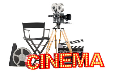 Poster - Cinema concept. Movie camera, film reels, chair, megaphone and clapperboard with cinema signboard from golden light bulb letters. 3D rendering isolated on transparent background