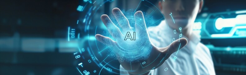 Poster - The photograph depicts the interaction between humans and AI in the field of research and development of new technologies. Wide banner