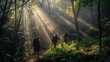 A group of hikers trekking through a dense forest, with rays of sunlight filtering through the canopy, illuminating the path ahead.