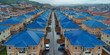 Häuser Siedlung mit blauen Dächern als Sicherheit für Laserstrahlen und Hochenergiewaffen, ai generativ