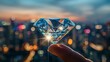 A sparkling diamond held aloft with a city skyline reflected within, highlighting investments in precious stones and urban development