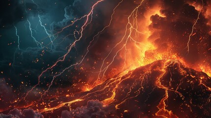 Poster - A volcanic lightning storm illuminating the night sky, with bolts of electricity crackling against the backdrop of a fiery eruption.