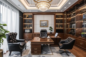 Poster - A photograph showcasing an office space with a desk, chairs, and shelves neatly arranged, Business office with a blend of traditional and modern elements, AI Generated