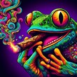beautiful psychedelic digital art of a cool frog that is smoking a blunt