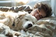 Boy and White Dog Sleeping on Bed