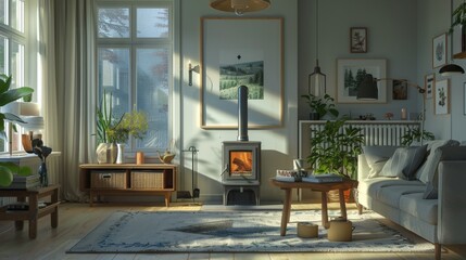 Wall Mural - Cozy living room bathed in golden hour sunlight