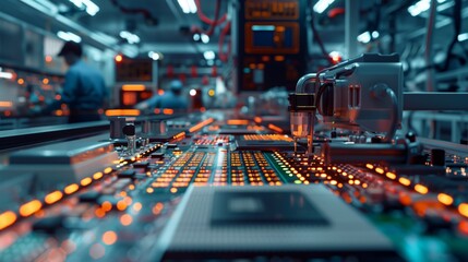 Poster - The picture conveys the idea of a large-scale industry that ensures the supply of electronic components to the market. Automated production processes ensure the efficiency and quality of products.