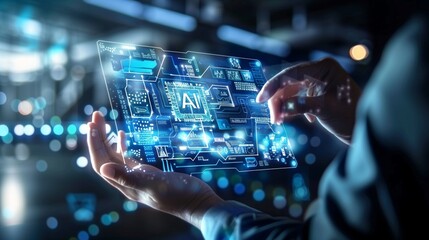 Poster - The image demonstrates the interaction between humans and artificial intelligence in field of finance and market analysis. Futuristic interactive animation on transparent screen, high AI technology