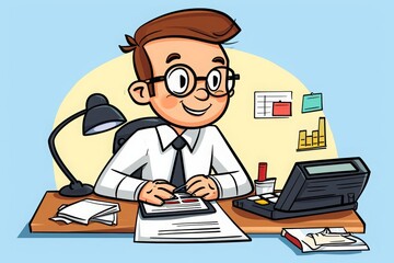 Poster - A man sits at a desk, engrossed in his work on a computer, Cartoon of an accountant at work, AI Generated