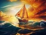 Fototapeta  - Watercraft. Boat painting the sky with vibrant colors as it floats in the ocean at sunset