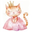 cute watercolor princess cat isolated on white