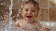 Baby's bath time: A contented Caucasian baby enjoys a relaxing bath, their fair skin glistening with water droplets as they splash and play.