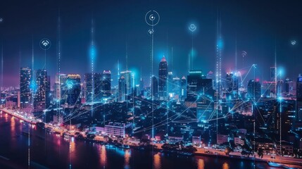 Poster - Banner smart city dot point connect with gradient line, connection technology metaverse concept. Bangkok city background at night with big data in Thailand, Panorama view.