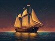 A pixel art of a sailing ship in the ocean under a night sky
