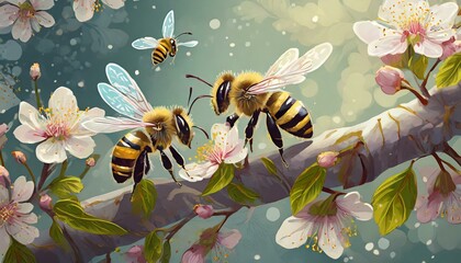 Buzzing Blossoms: 3D Vector Art of Bees Flying around Blossom Tree Branch