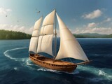 Fototapeta  - A white sailboat peacefully gliding on the ocean under clear skies with seagull